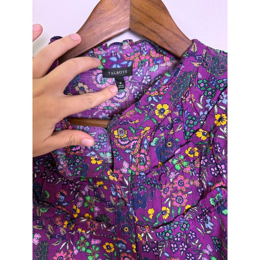 Talbots Floral Ruffle Blouse Purple Long Sleeve Button Front Top Women’s M - Picture 4 of 6